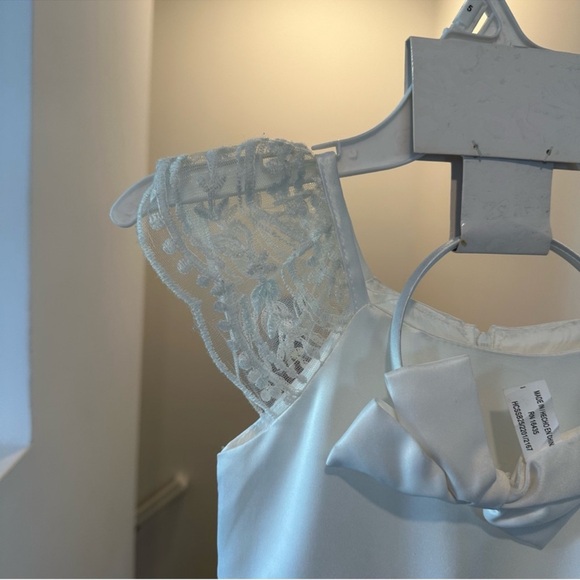 Biscotti Flower Girl White Dress with Lace Shoulders & Matching Bow Headband - Picture 11 of 14